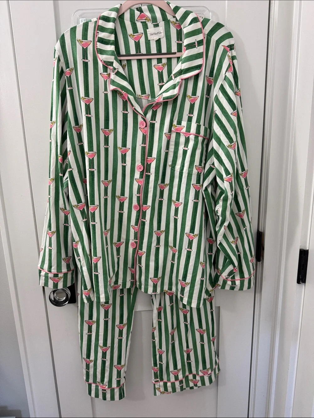 BedHead Green and White Striped Pajama Set with Pink Cocktail Print